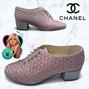 Chanel Womens Oxford 8.5D Woven Pink Silver Cuban Heel Lace‎ Up Comfort Shoes